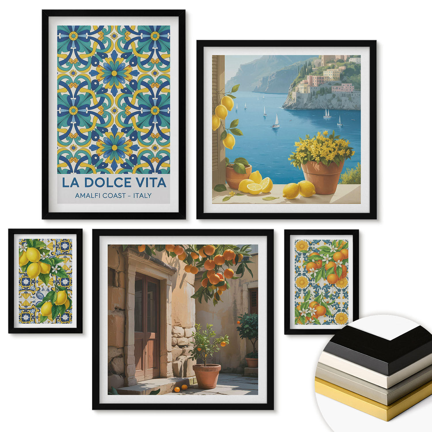 WANDBILDER 5er-Set - 50x50 cm & 20x30 cm & 40x60 cm Schwarzer Rahmen - Farbenfrohe abstrakte Zitrusfrüchte - Schwarz, Kunststoff (40/60cm) - ArtPrintCave