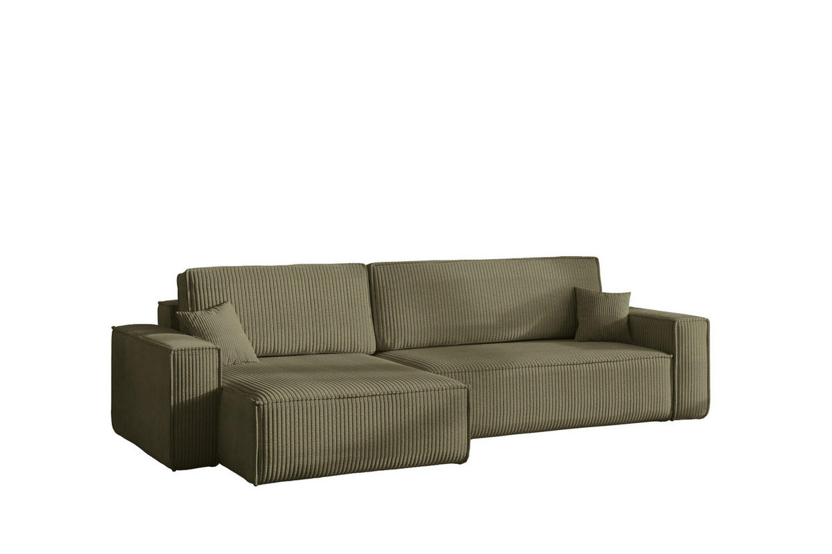 ECKSOFA Mit Schlaffunktion Und Bettkasten, Eckcouch BEST XL Stoff Poso Dicker Cord Olive Links - Schwarz/Olivgrün, Holz/Kunststoff (142/274cm) - Kaiser Möbel