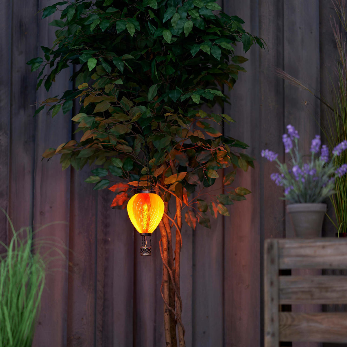 LED-SOLAR-HEISSLUFTBALLON Windlicht Kunststoff Garten Dekoration Solarpanel Rot Hell Gelb Blattmuster - Gelb, Kunststoff (19/19/58cm) - Northpoint