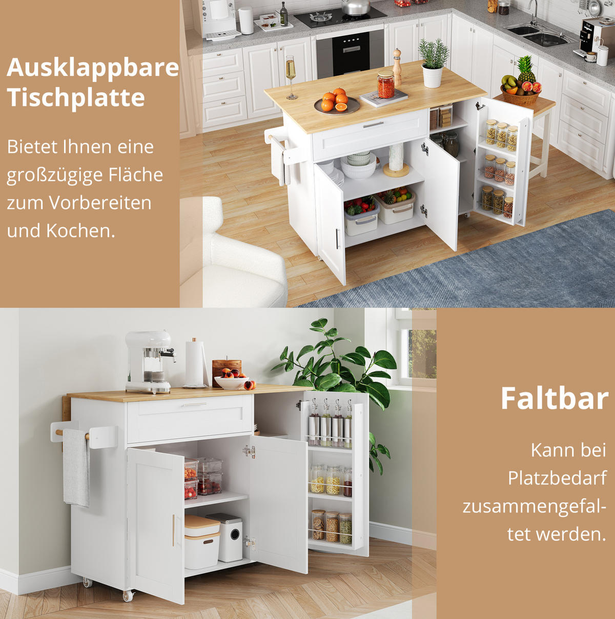 KÜCHENINSEL 132,5/90/44(70) cm Weiß/Natur aus MDF mit klappbarer Arbeitsplatte - Weiß, Holzwerkstoff (44/90/132.5cm) - OKMYHOME