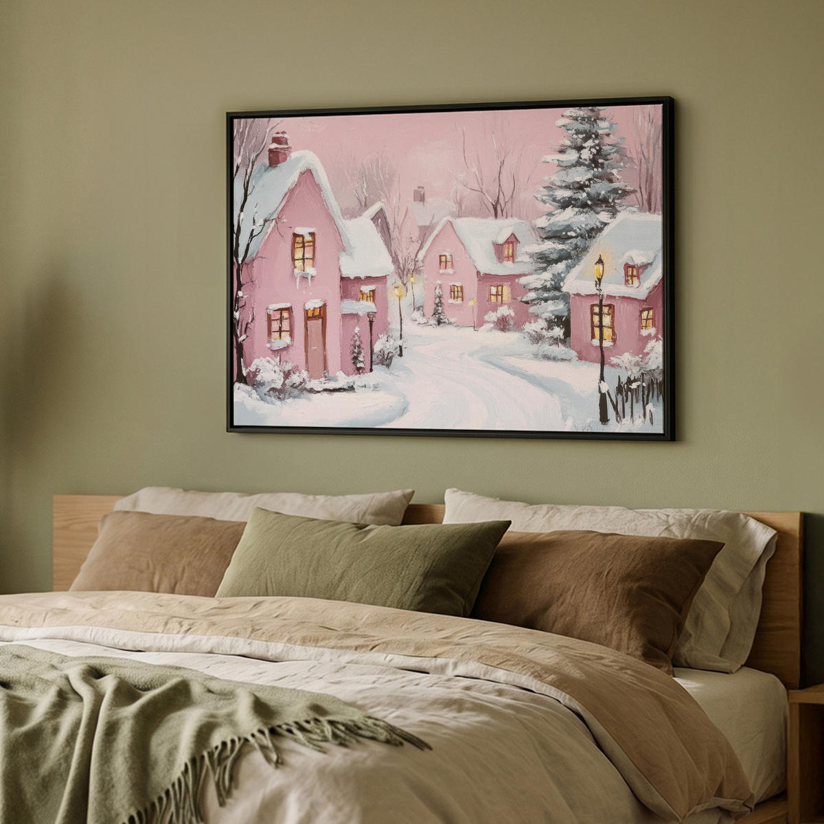 LEINWAND Bilder mit Rahmen - Weihnachtsdorf - Rosa - Winter - Schnee - Häuser - 100x70 - Altrosa, Textil (100/70cm) - MuchoWow