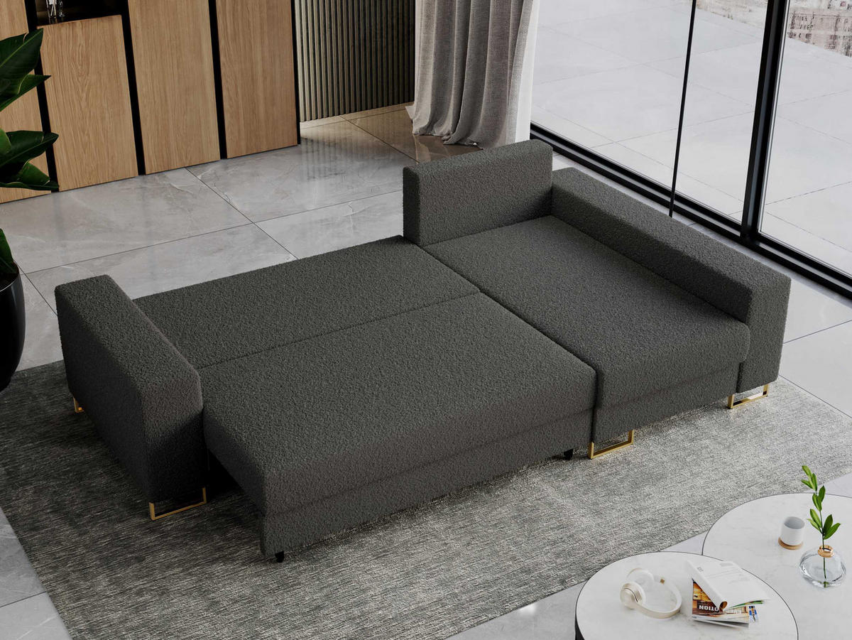 ECKSOFA Dorian Boucle Dunkelgrau - Dunkelgrau/Goldfarben, Textil/Metall (242/138cm) - MKS