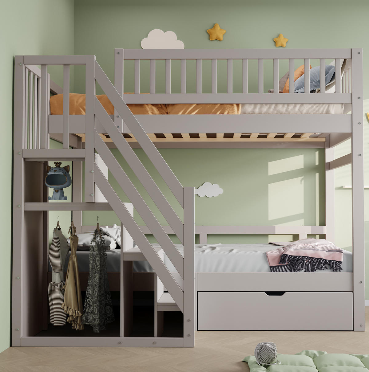 ETAGENBETT mit Stauraum 90x200 cm Massivholz Grau - Grau, Holzwerkstoff (90/200cm) - Beauniv
