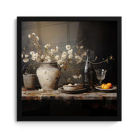 POSTER MIT RAHMEN Stilleben - Blumen - Blumenstrauß - Vase - Wein 40x40 cm - Schwarz, Papier (40/40cm) - MuchoWow