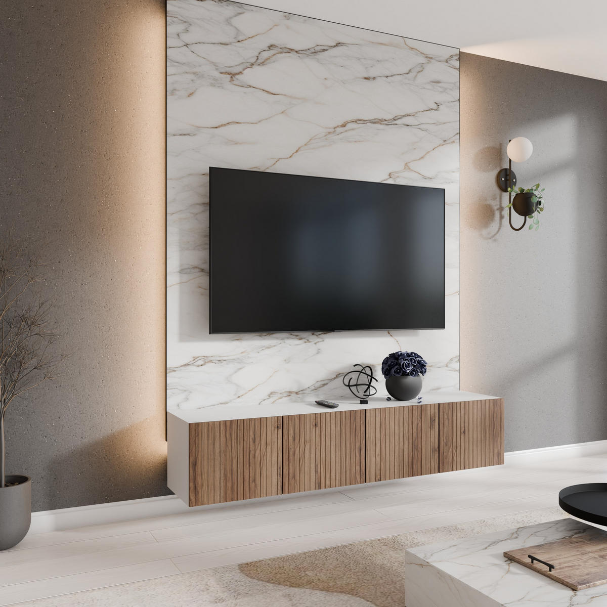LOWBOARD LIVO 200/41/40 cm, Hängender TV-Schrank Weiß / Eichefarben - Eichefarben/Braun, Holzwerkstoff (200/41/40cm) - MASSENO