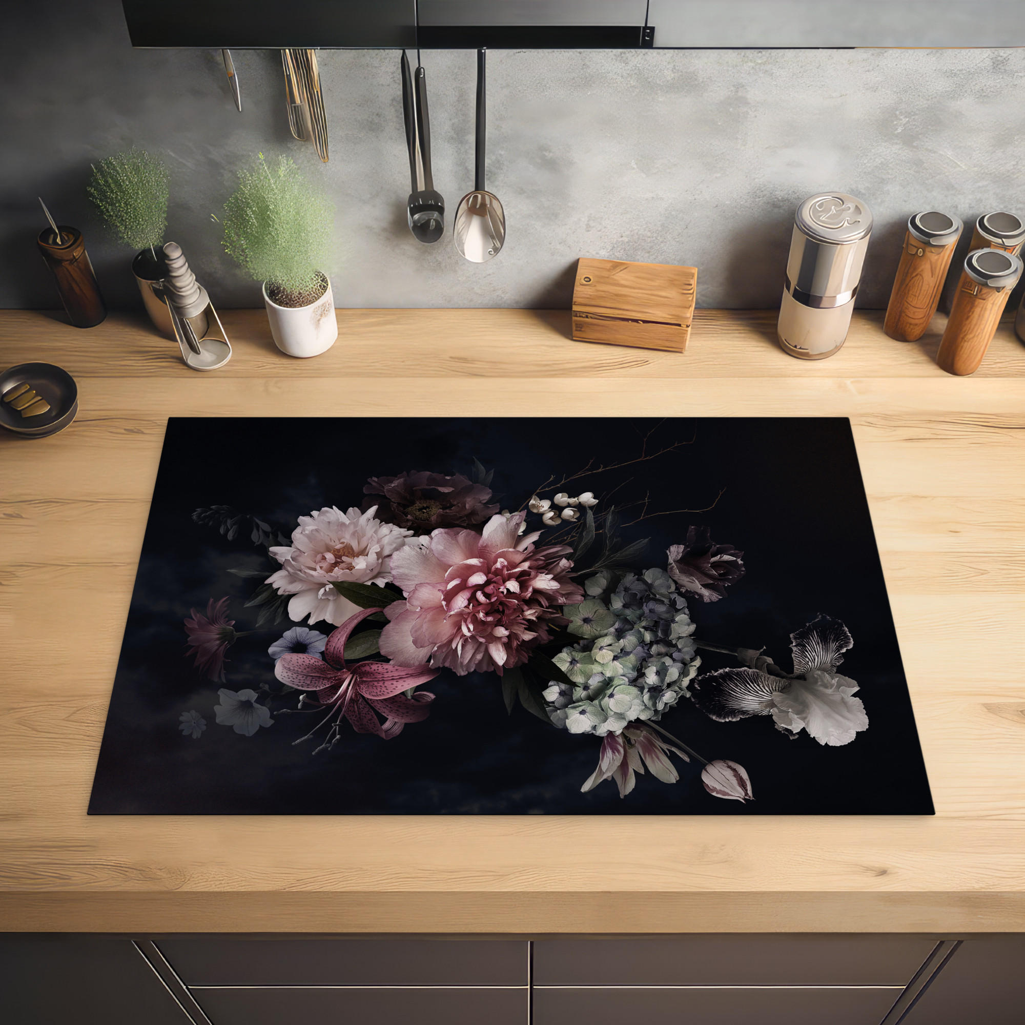 HERDABDECKPLATTE Blumen - Vintage - Pastell - Rosa - Weiß 77x51 cm - Altrosa, Kunststoff (77/0.2/51cm) - MuchoWow