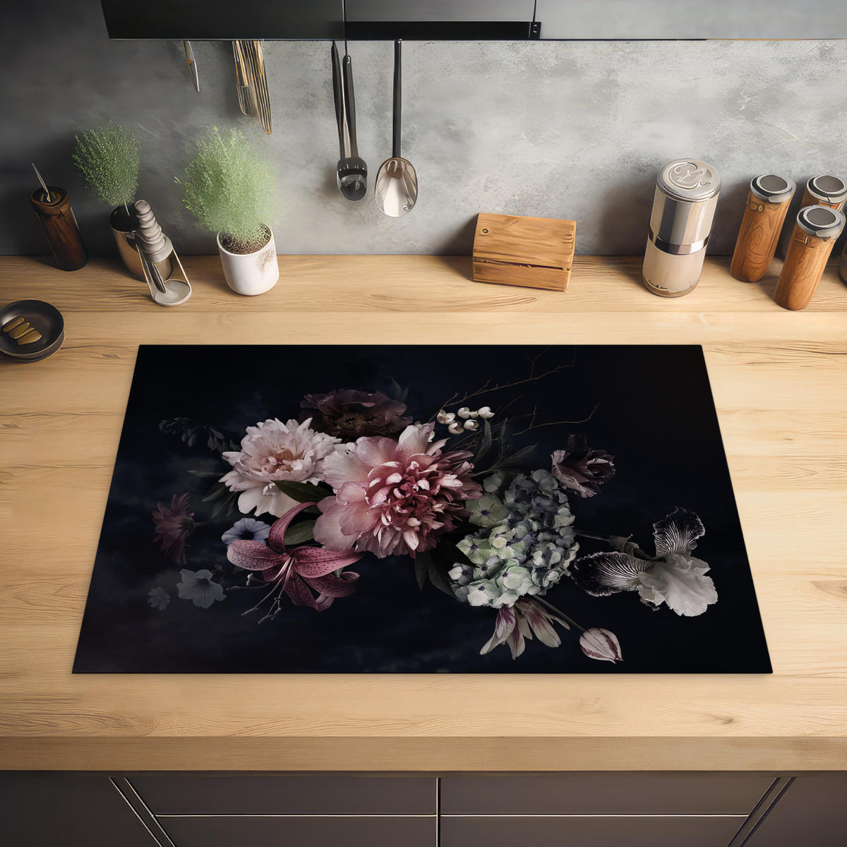 HERDABDECKPLATTE Blumen - Vintage - Pastell - Rosa - Weiß 78x52 cm - Altrosa, Kunststoff (78/0.2/52cm) - MuchoWow