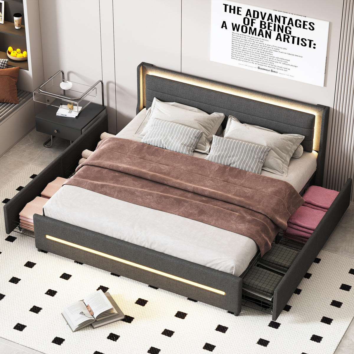 POLSTERBETT 180/200 cm grau mit farbwechselnder LED-Beleuchtung und vier Ablagefächern - Grau, Textil (180/200cm) - OKWISH