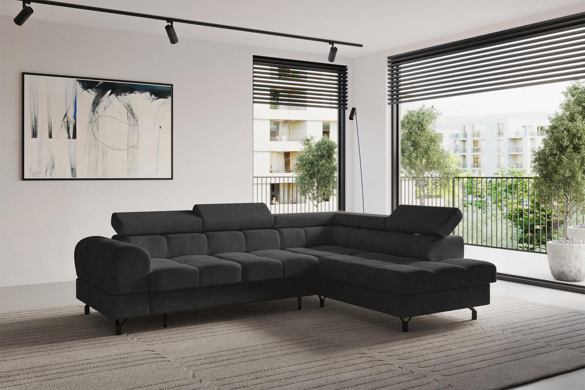 ECKSOFA mit Schlaffunktion Ottomane Rechts LUMA-L 272x203x70 Schwarz Velours - Schwarz, Holzwerkstoff/Kunststoff (203/272cm) - ALTDECOR
