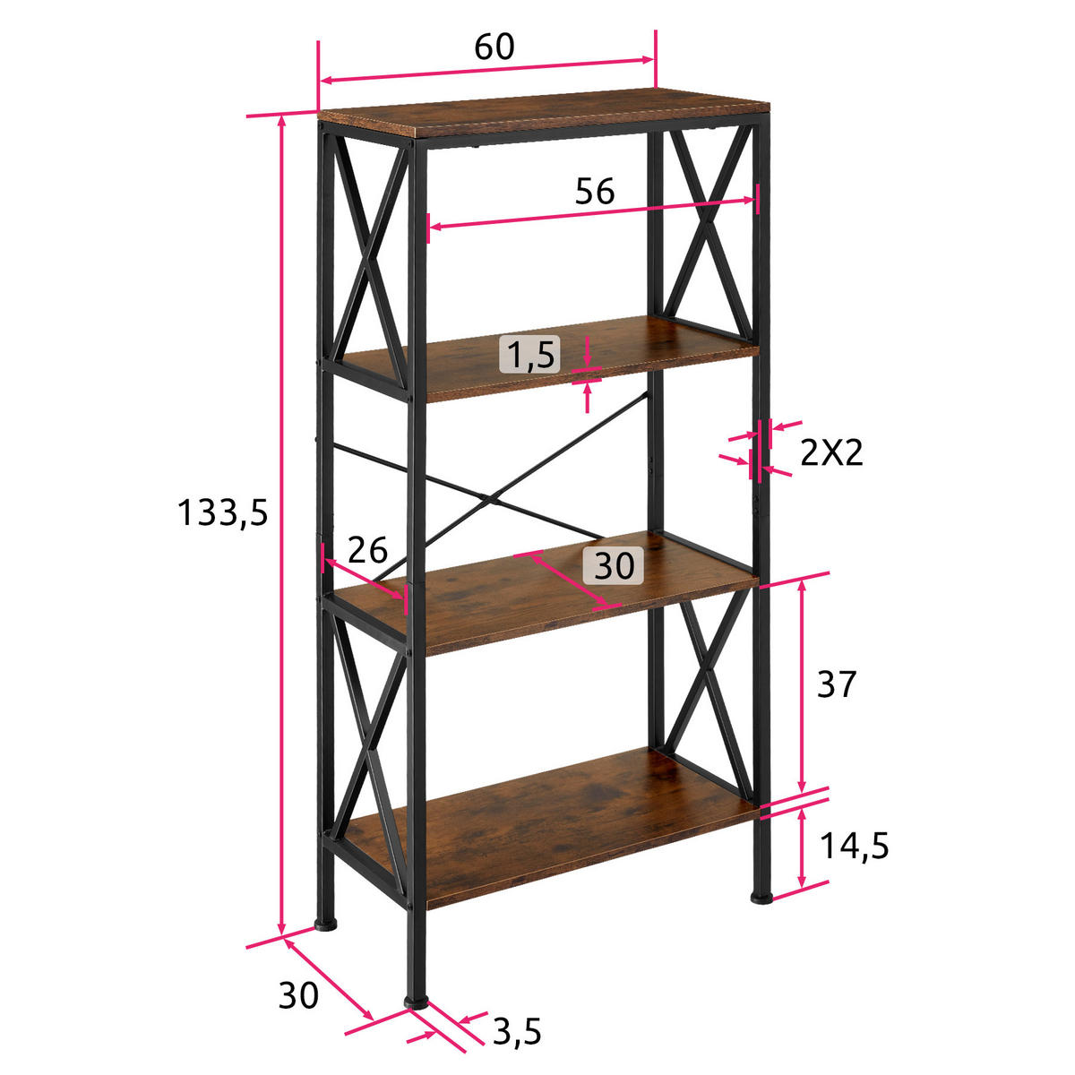 REGAL Barry,inklusive Kippschutz, 61,5 x 31,5 x 133,5 cm,Industrial Holz dunkel, rustikal - Rostfarben, Holzwerkstoff (31.5/133.5/61.5cm) - tectake