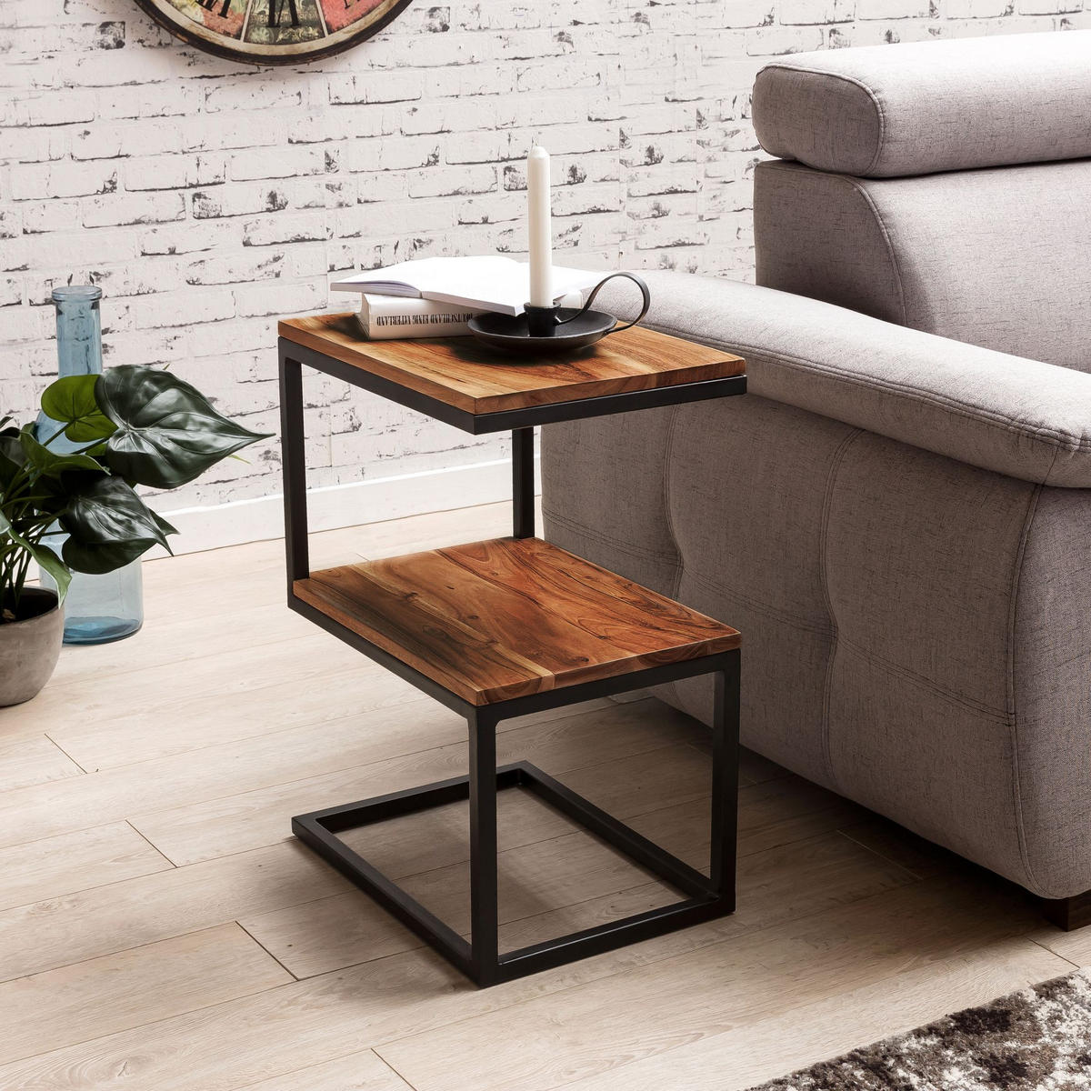 BEISTELLTISCH Massivholz S-Design Metallgestell Ablageflächen INDI, Braun 45x30x60 cm - Schwarz/Braun, Holz/Metall (30/45/60cm) - KADIMA DESIGN