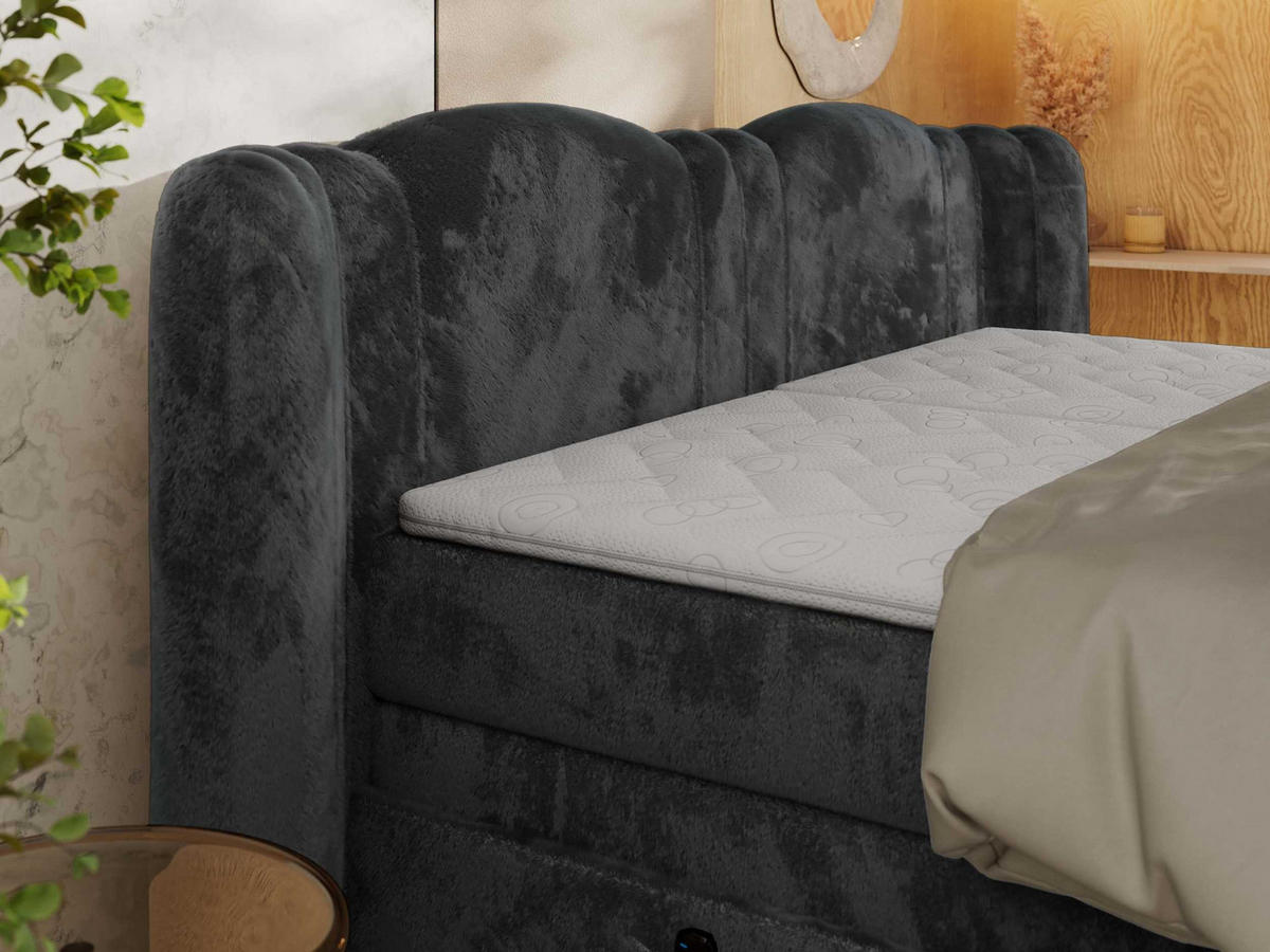 BOXSPRINGBETT FORTINA 160/200 - Dunkelgrau Plüsch - Topper T25 - H3 - Dunkelgrau/Schwarz, Holz/Textil (160/200cm) - MKS