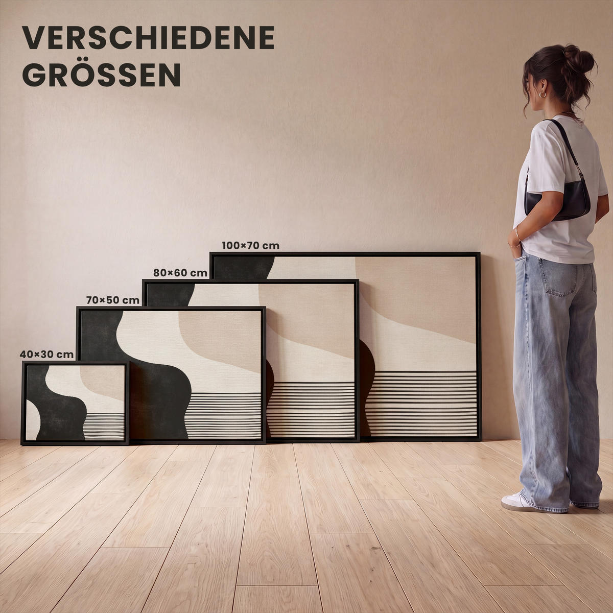 LEINWAND Bilder mit Rahmen - Abstrakt - Japandi - Beige - Modern - 70x50 - Schwarz, Textil (70/50cm) - MuchoWow