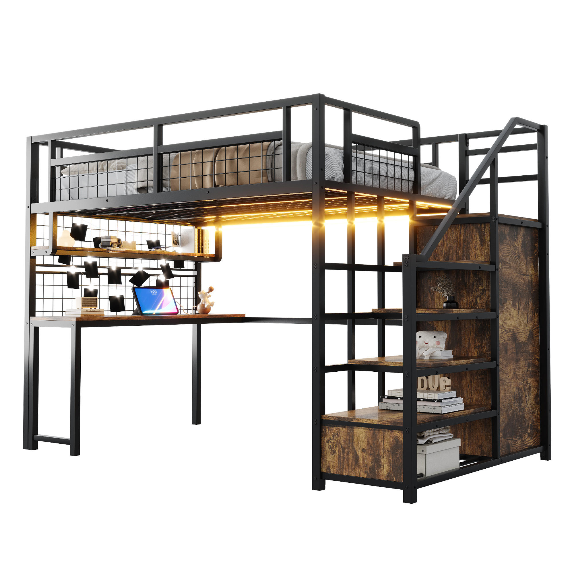 HOCHBETT mit Schreibtisch und Stauraumtreppe 140x200 cm Metall Schwarz - Schwarz, Metall (140/200cm) - Meubliv