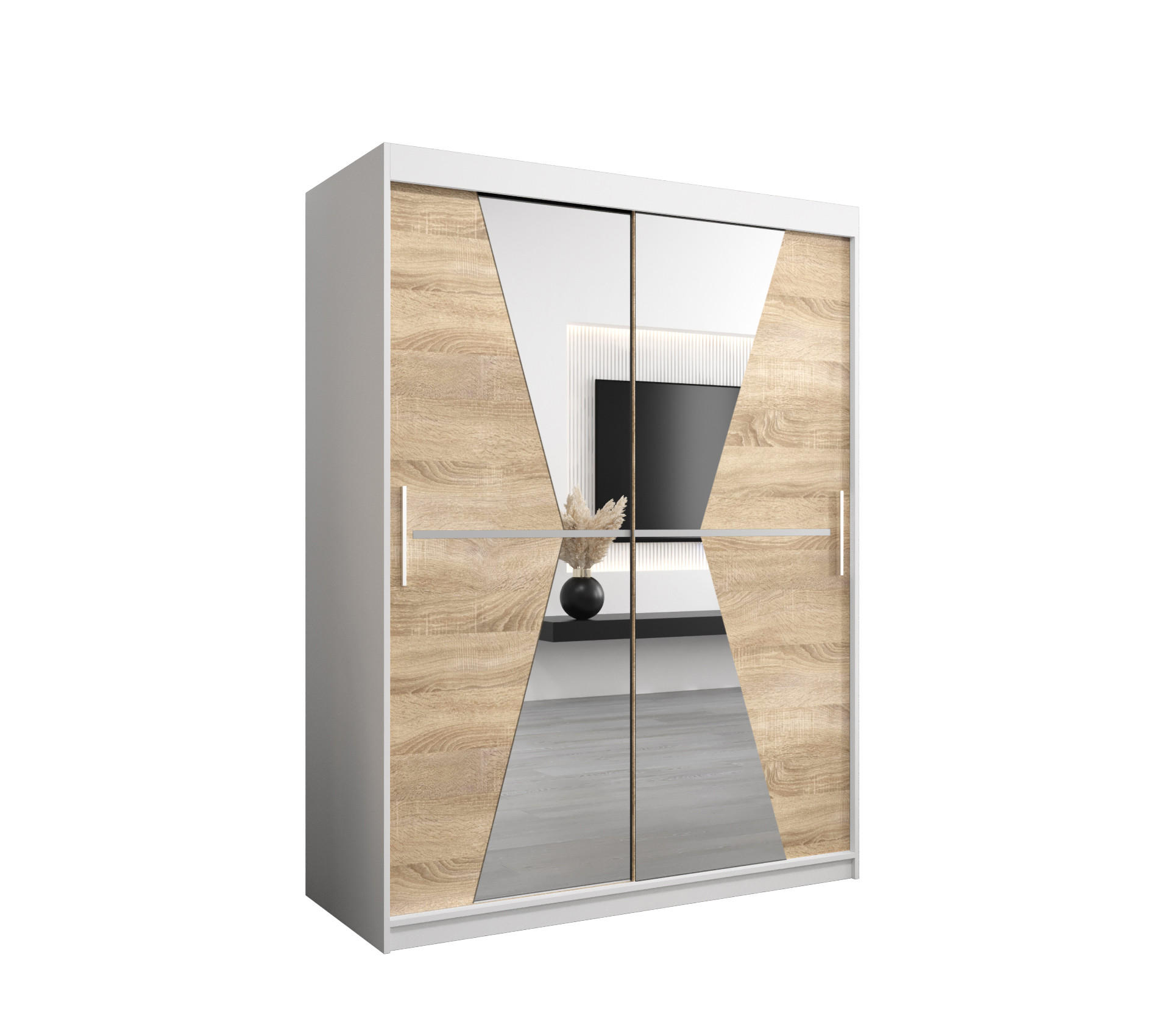 Abiks Möbel Schwebetürenschrank Weiß, Sonoma Eiche 150x200x62 cm