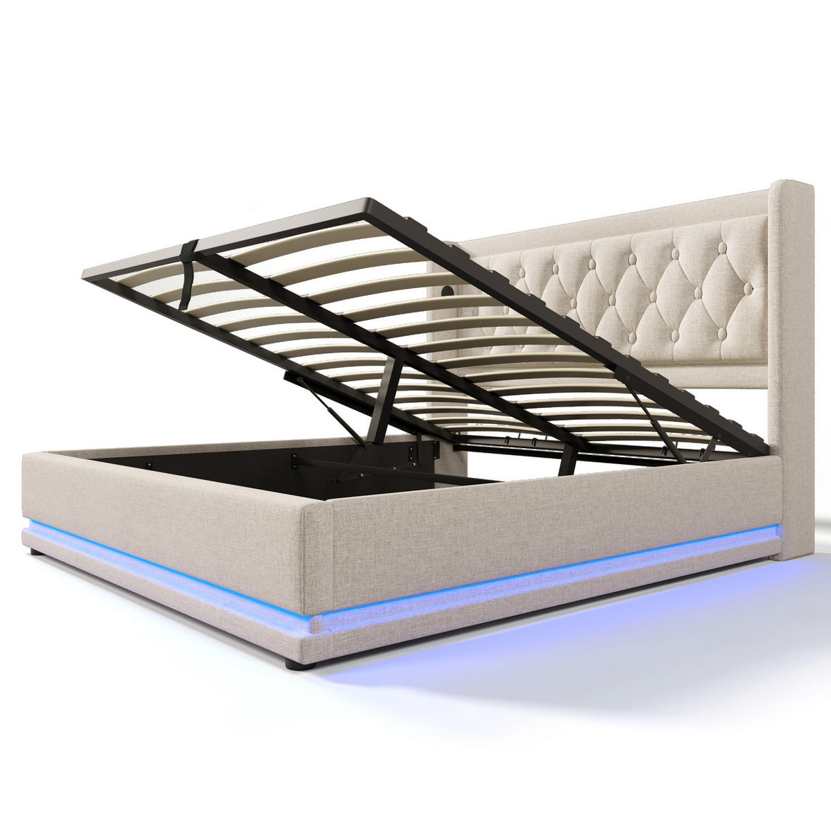 POLSTERBETT 140/200 cm Beige aus Baumwolle mit Stauraum, LED und USB Typ-C - Beige, Textil (140/200cm) - OKMYHOME