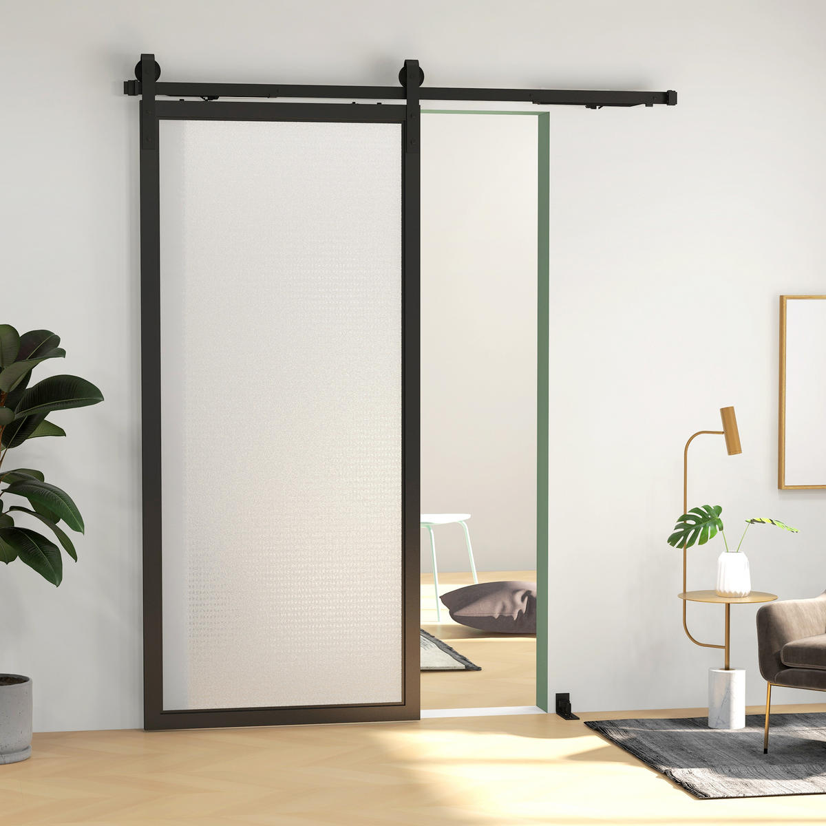 SCHIEBETÜREN-BESCHLAGSATZ, 183 cm Komplett-Set mit Schienen, Rollen, Anti-Sprung-Vorrichtungen, Türstopper, Schwarz - Schwarz, Metall (0.5/4/183cm) - HOMCOM