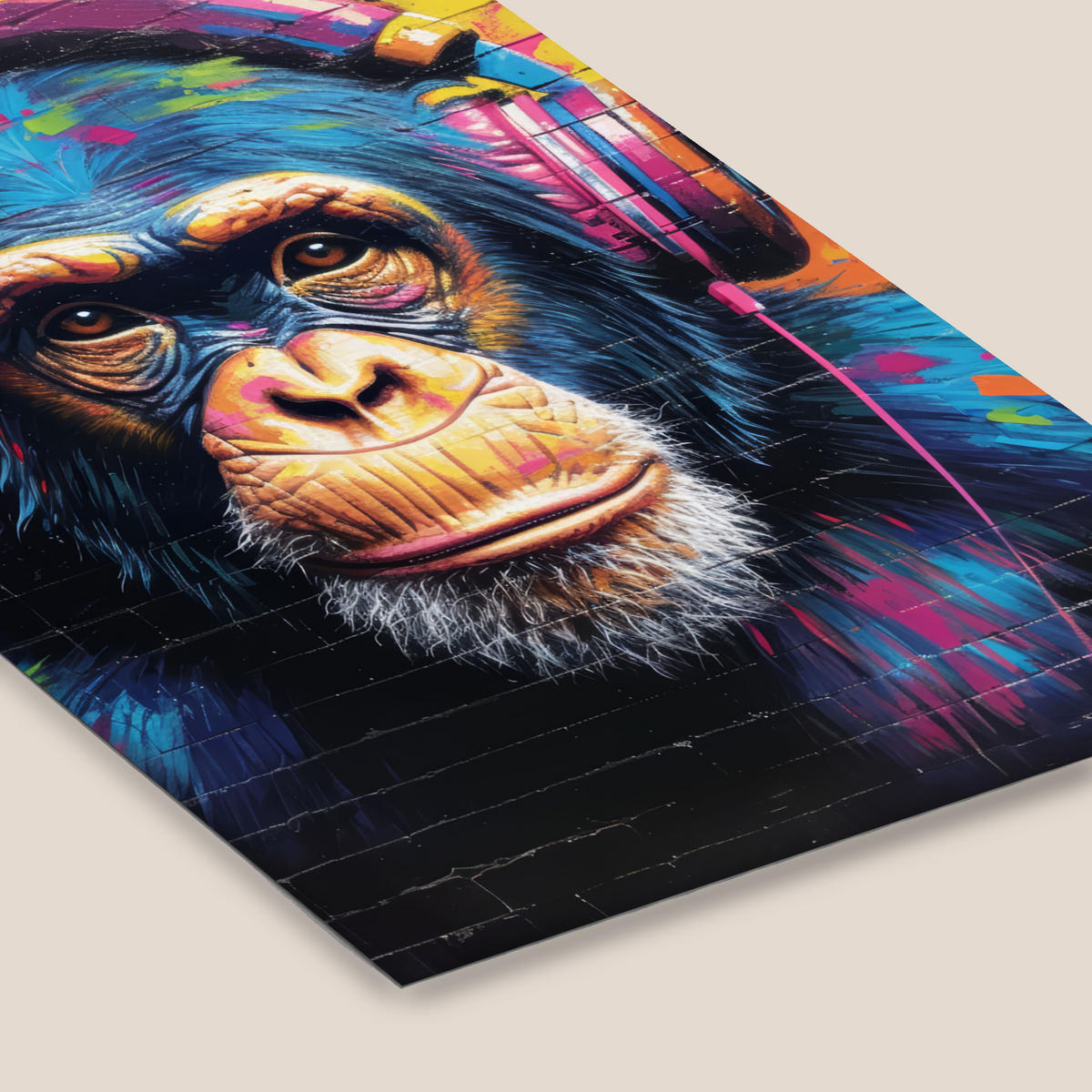 POSTER MIT RAHMENGERAHMTES BILD Graffiti - Schimpanse - Straßenkunst - Kopfhörer - Affe Bilderleiste 80x120 cm - Blau, Papier (80/120cm) - MuchoWow