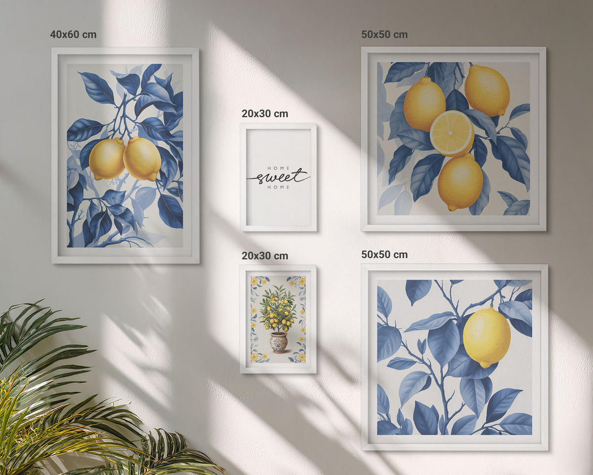 WANDBILDER 5er-Set - 50x50 cm & 20x30 cm & 40x60 cm Weißer Rahmen - Zitronenzweige mit blauen Blättern - Weiß, Kunststoff (40/60cm) - ArtPrintCave