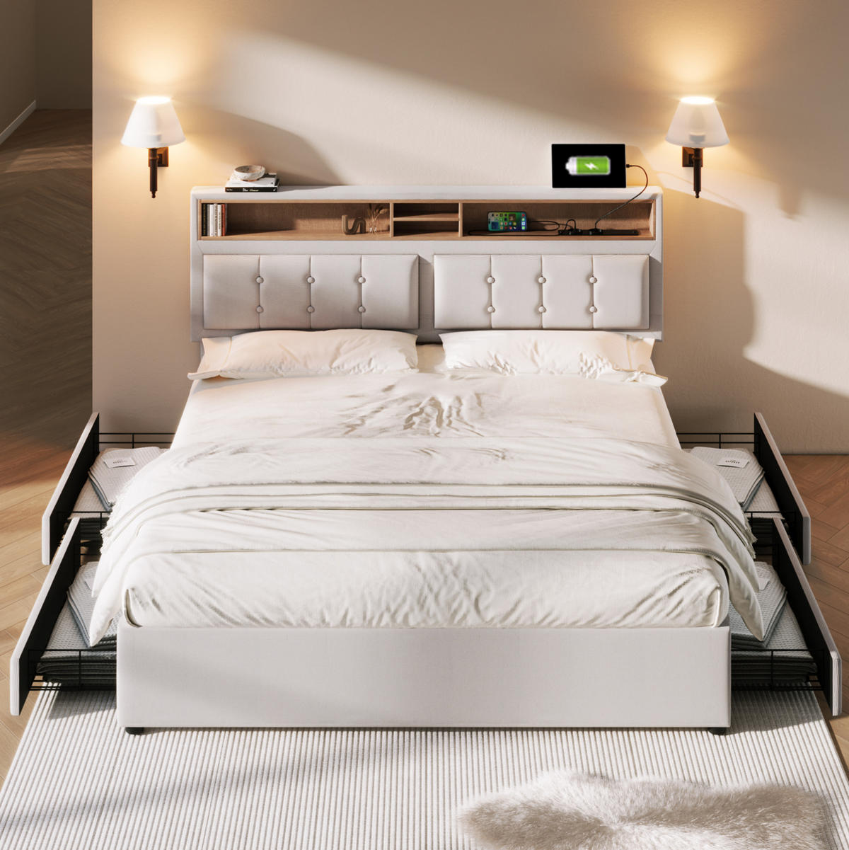 BETT mit 4 Schubladen und USB/Typ-C 140x200 cm Leinen Beige - Beige, Metall (140/200cm) - Meubliv