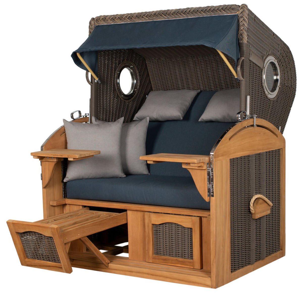 STRANDKORB Komplettset: Borkum XL Teak Bullauge - PE grau - Modell 593 - Grau, Holz/Kunststoff (142/170/95cm) - bene living