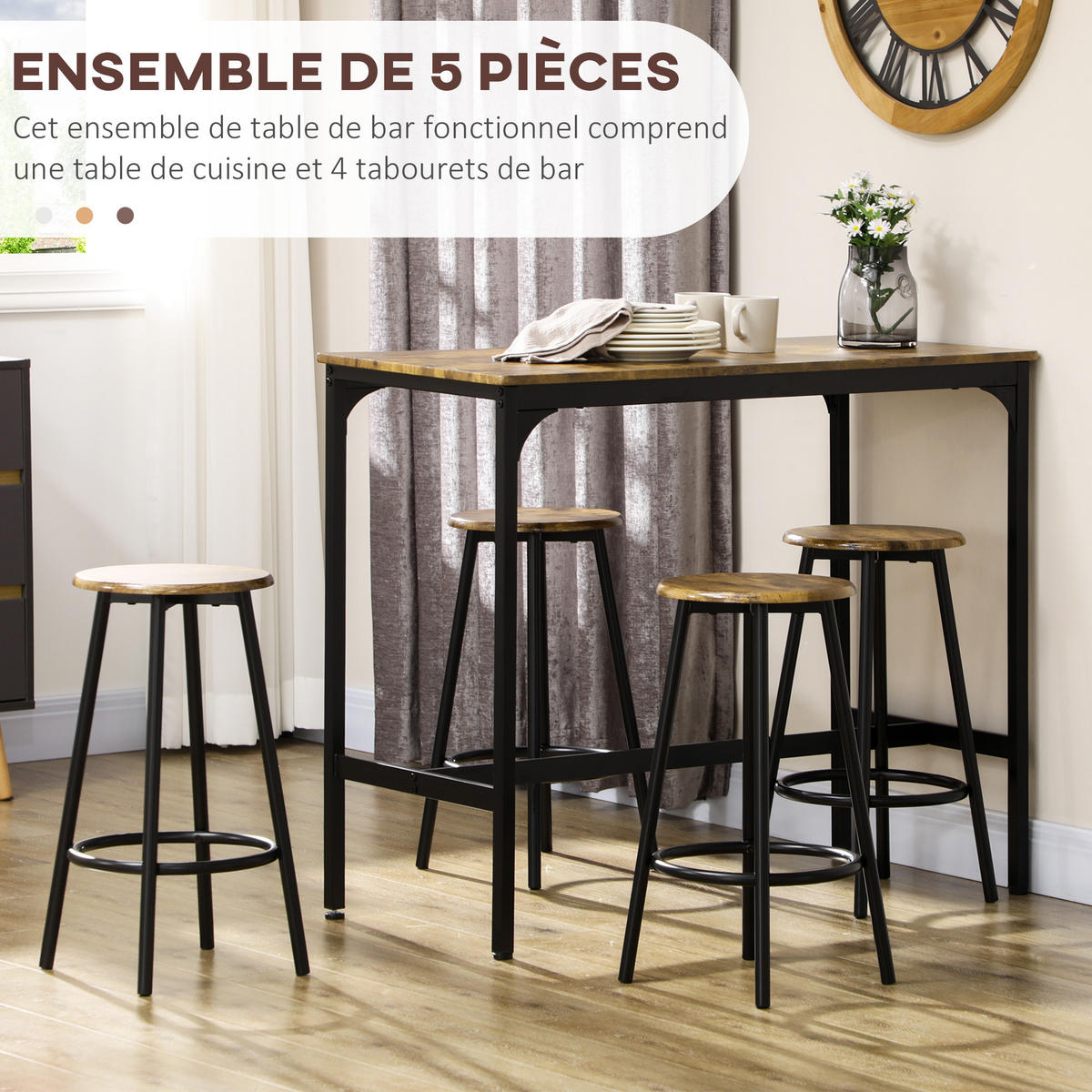 BARTISCH-SET DE-14796 4 Hocker mit Fußstütze Schwarz/Holzoptik - Braun, Metall (110/50/89.5cm) - ComfortXL