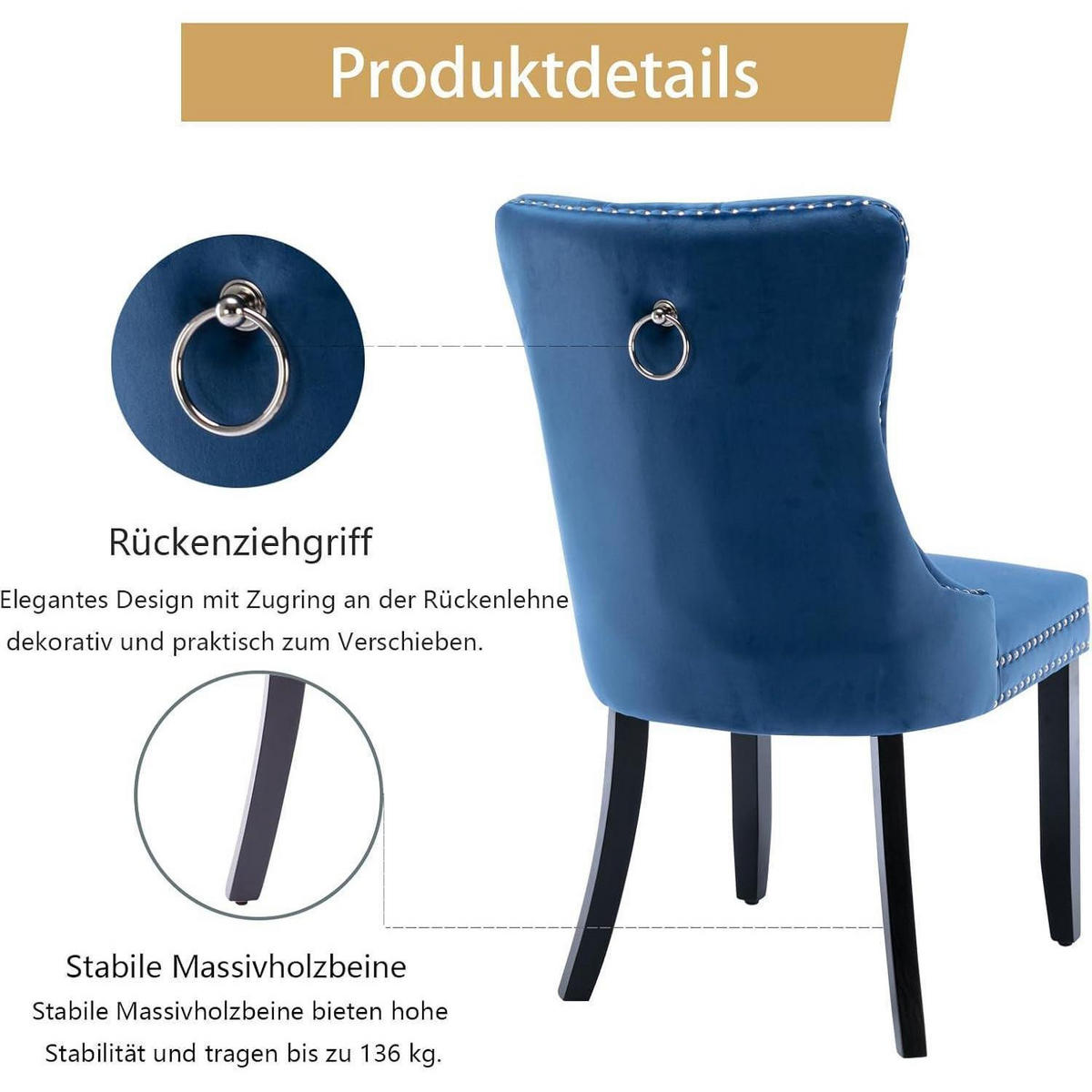 ESSZIMMERSTUHL 2er-Set Samt Blau mit Massivholzbeinen - Blau, Textil (50/95.2/62cm)