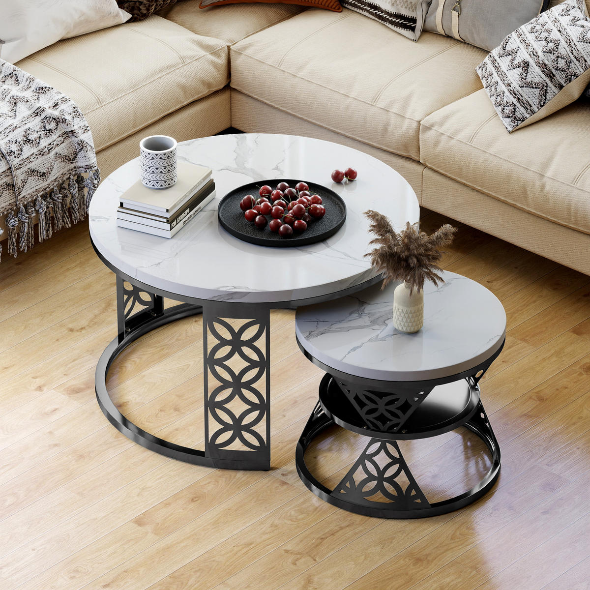 COUCHTISCH 70/70/45 cm in Schwarz/Weiß mit Marmoroptik, 2-teilig - Weiß, Holzwerkstoff (70/70/45cm) - OKMYHOME