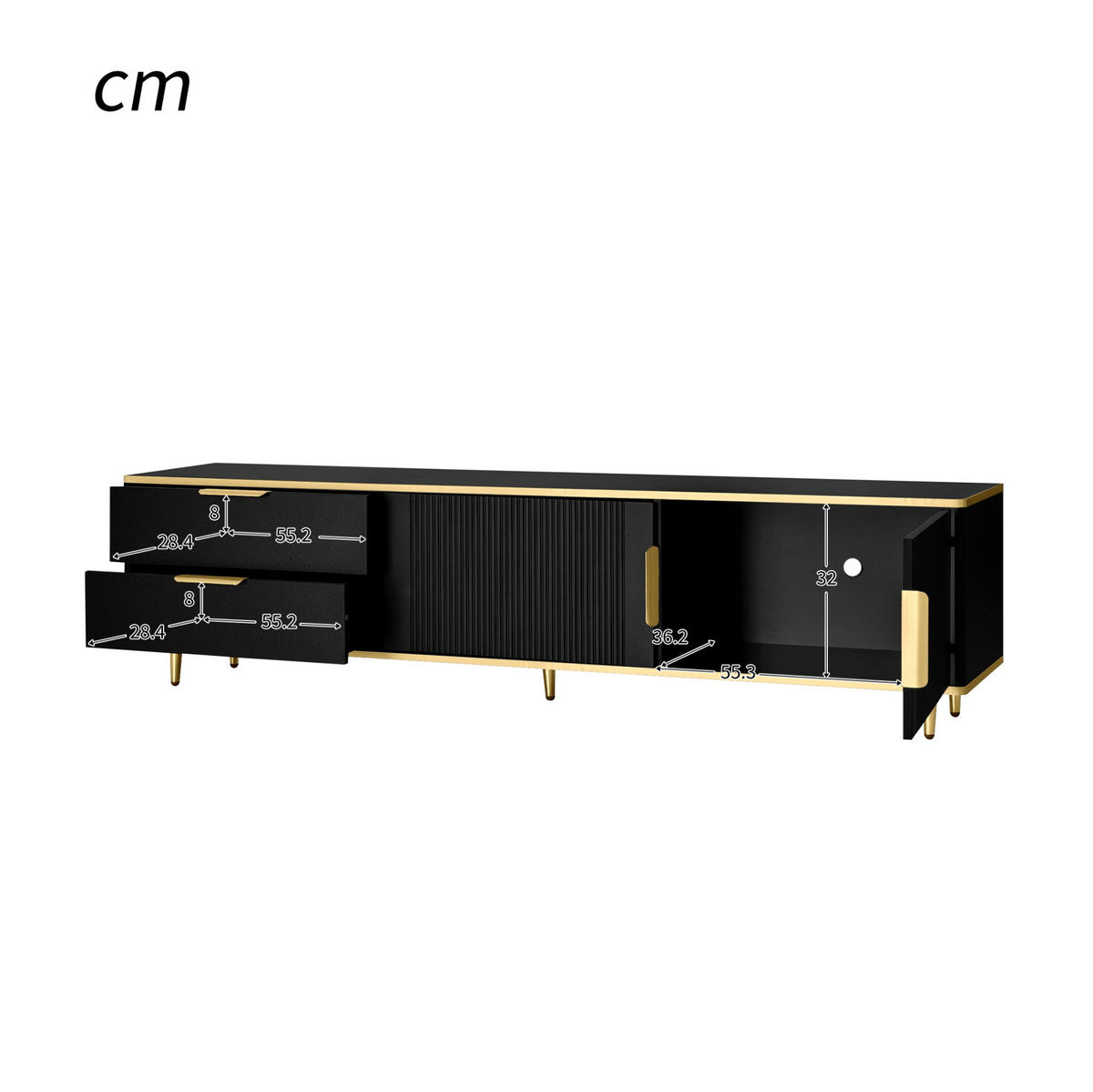 LOWBOARD 170/45/37 cm aus MDF und Holzwerkstoff mit geschnitzten Fronten Schwarz/Gold - Schwarz, Holzwerkstoff (175/45/40cm) - Modenvie
