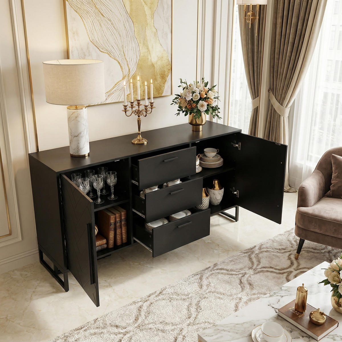 SIDEBOARD in Schwarz mit 2 Türen & 3 Schubladen - Schwarz, Holzwerkstoff (145/75/40cm) - Urban Meuble