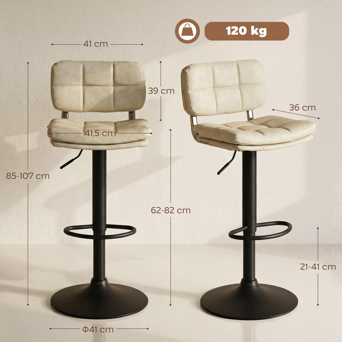 BARHOCKER 2er-Set DE-14805 vintage gepolstert Crème - Creme, Metall (41.5/107/45cm) - ComfortXL