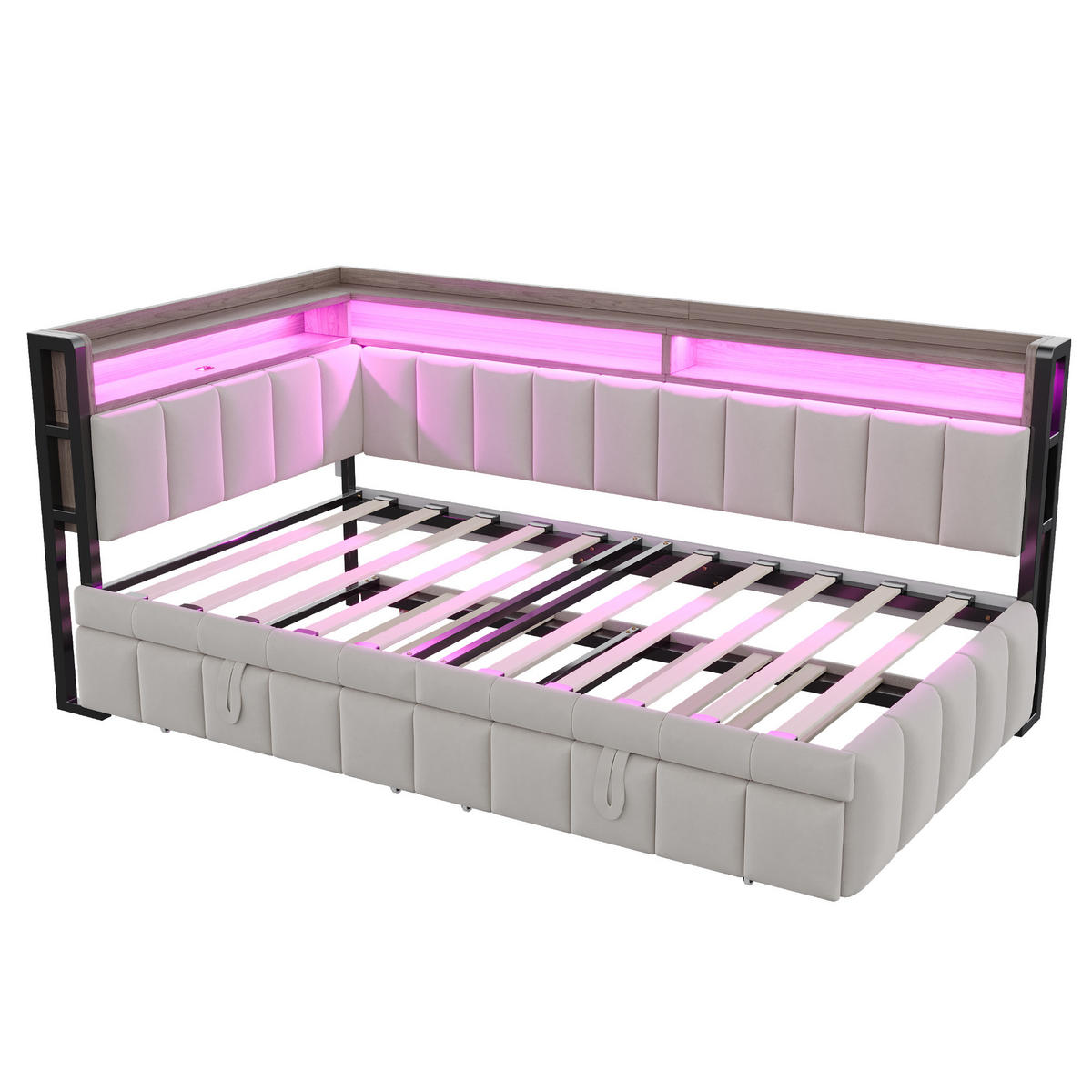 SCHLAFSOFA 90/200 cm & 90/190 cm in Hellgrau Samt mit LED, USB und Ablage - Hellgrau, Holzwerkstoff/Textil (90/200cm) - WISHDOR