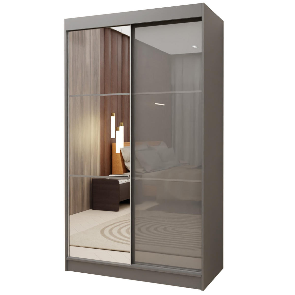 SCHWEBETÜRENSCHRANK VITALE 120/216/61 cm 2-türig mit Spiegel Grau - Grau, Holzwerkstoff (120/216/61cm) - MASSENO