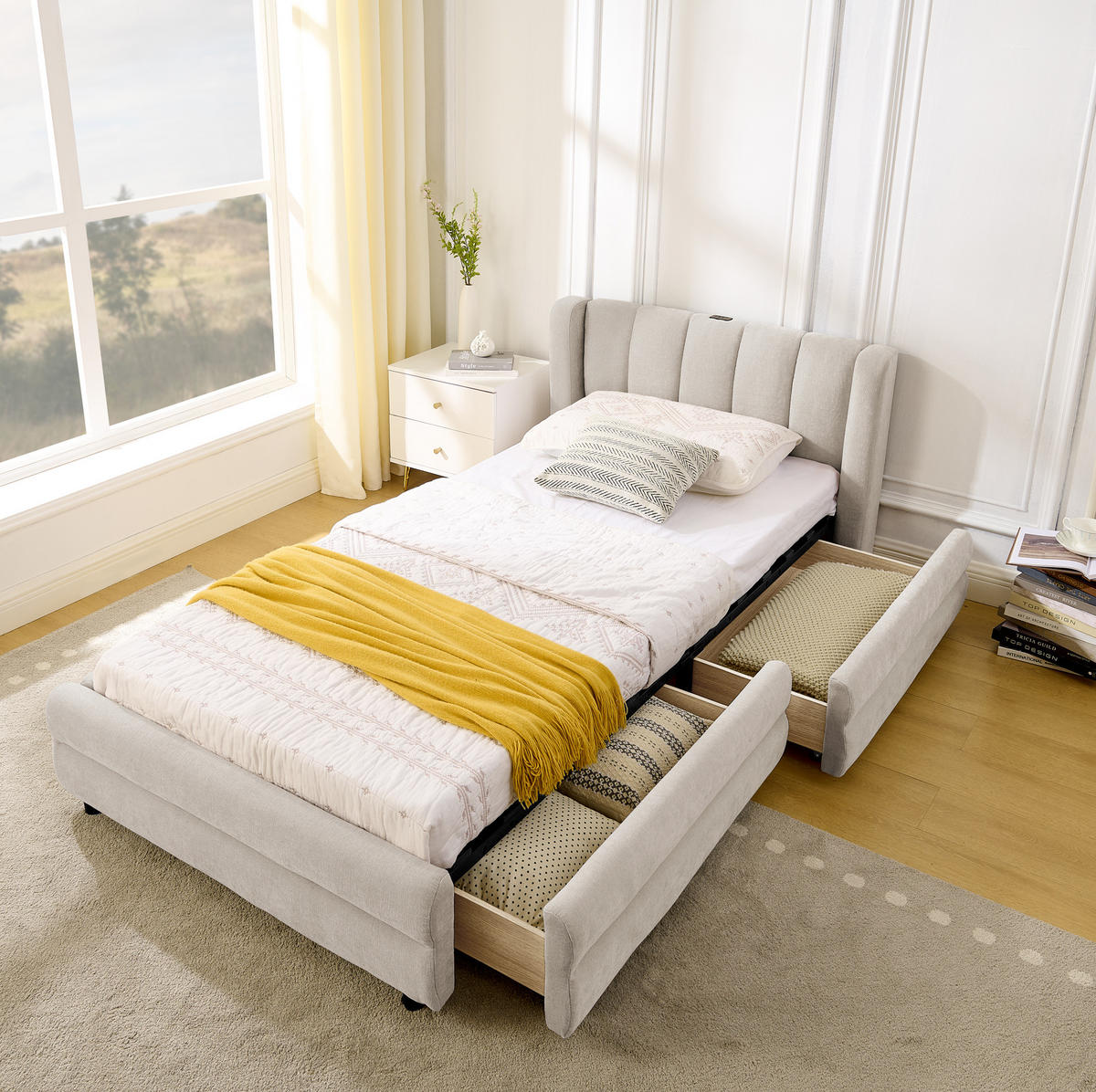 BETT mit Schubladen und USB 90x200 cm Chenille Beige - Beige, Holz (90/200cm) - Meubliv