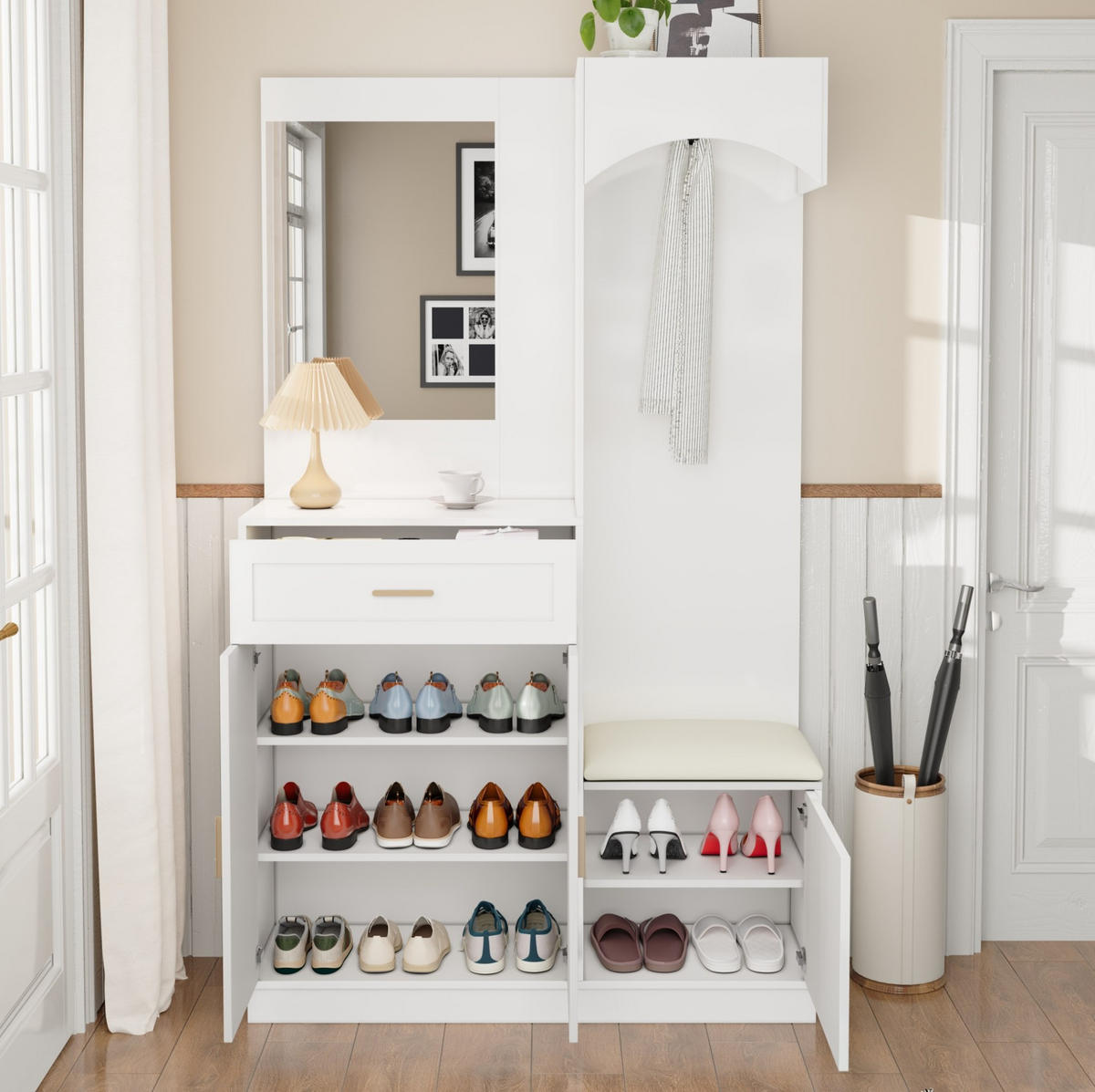 GARDEROBE 110/33/185,5 cm weiß aus MDF mit Spiegel, Schuhschrank und Sitzbank - Weiß, Holzwerkstoff (110/185.5/33cm) - OKWISH