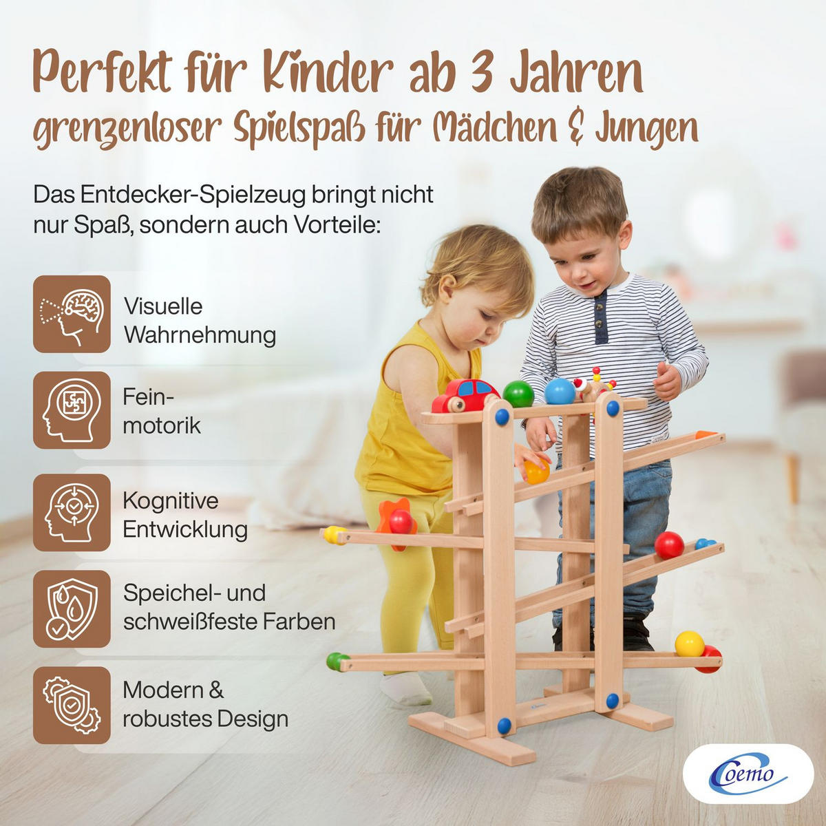 KUGELBAHN L Holz Natur mit 7 Roll Elementen - Naturfarben, Holz (26/70cm) - Coemo