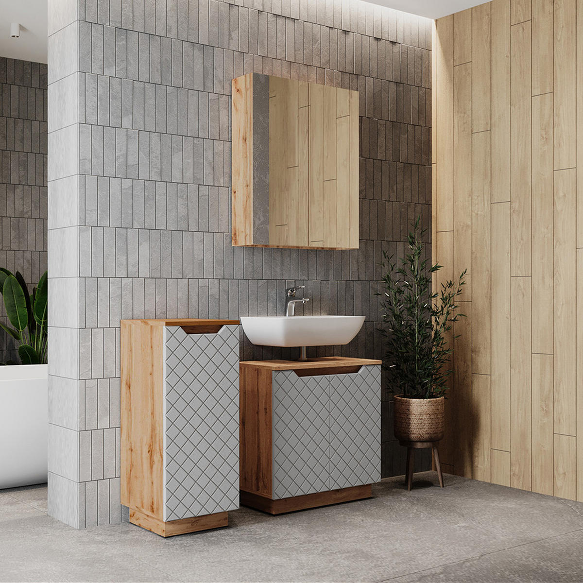 BADMÖBEL-SET Lotta Eiche/Grau mit Kachelstruktur 3 Teile - Eichefarben/Grau, Holzwerkstoff (59.8/62.1/32cm) - Vicco