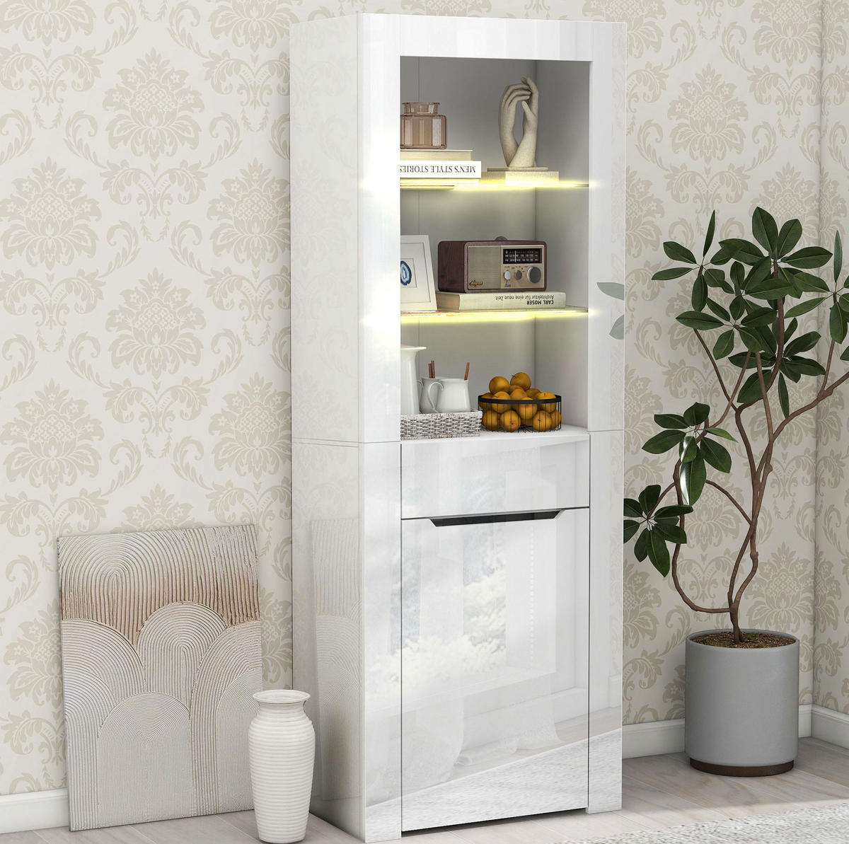 VITRINE 60/35,5/165 cm aus Spanplatte mit LED-Beleuchtung und App-Steuerung Weiß Hochglanz - Weiß, Holzwerkstoff (60/165/35.5cm) - Modenvie