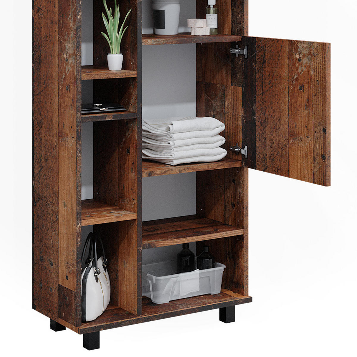 BADSCHRANK Ilias Eiche rustikal 60 x 190 cm mit Türen und offenen Fächern - Wildeiche, Holzwerkstoff (60/190/30cm) - Vicco