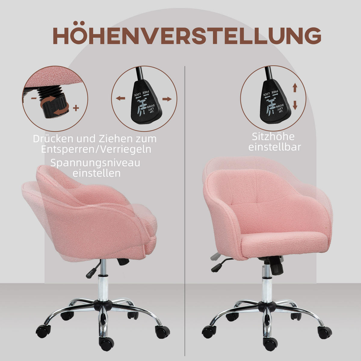 BÜROSTUHL DE-05176 Wippfunktion mit Teddysamtoptik Rosa - Rosa, Metall (61/86/56cm) - ComfortXL