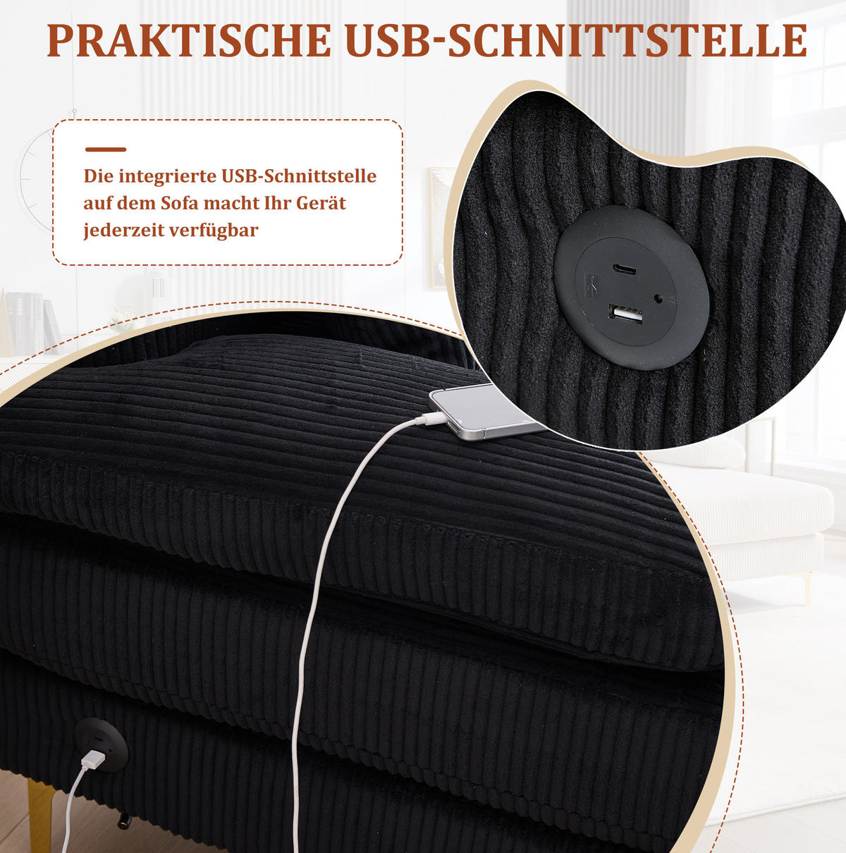 U-SOFA Wohnlandschaft Samt mit LED-Beleuchtung und USB-Anschluss 265/135/88 cm Schwarz - Schwarz, Textil (135/88/265cm) - Redom