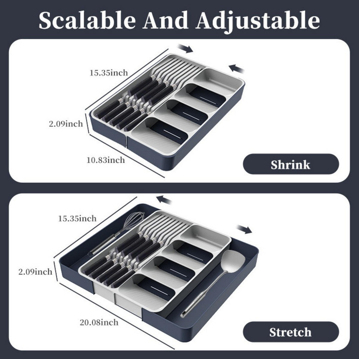 BESTECKEINSATZ,AUSZIEHBAR, PP-Material, Silber & Dunkelblau, 15,35" x (10,83"–20,08") - Silberfarben, Kunststoff (27.5/5.3/39cm) - Authentics