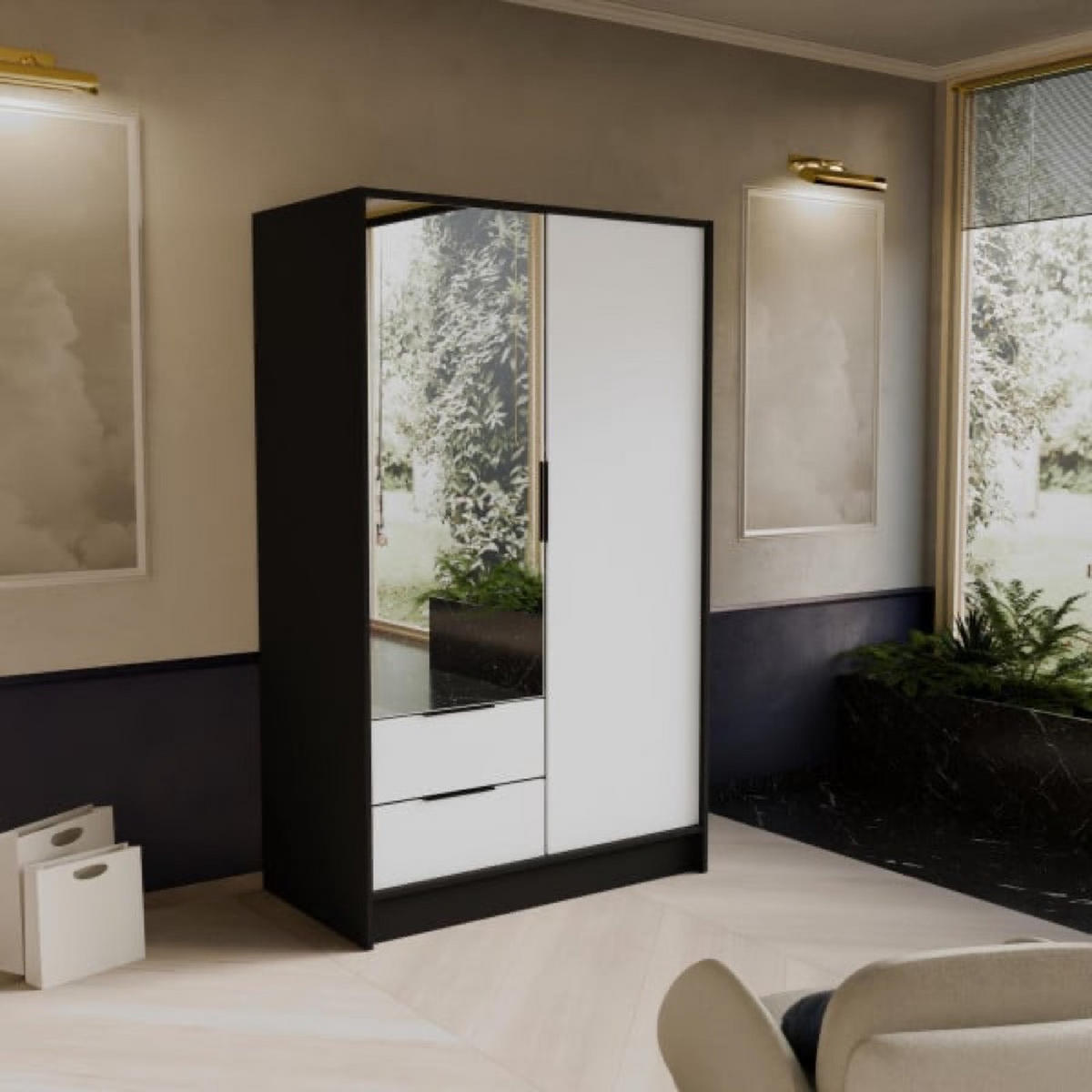 SCHRANK Schwarz Weiß NIKOLA 103 Mit Spiegel Und Verstellbaren Regalen - Transparent/Schwarz, Holzwerkstoff (102/200/51cm) - Sepro Meble