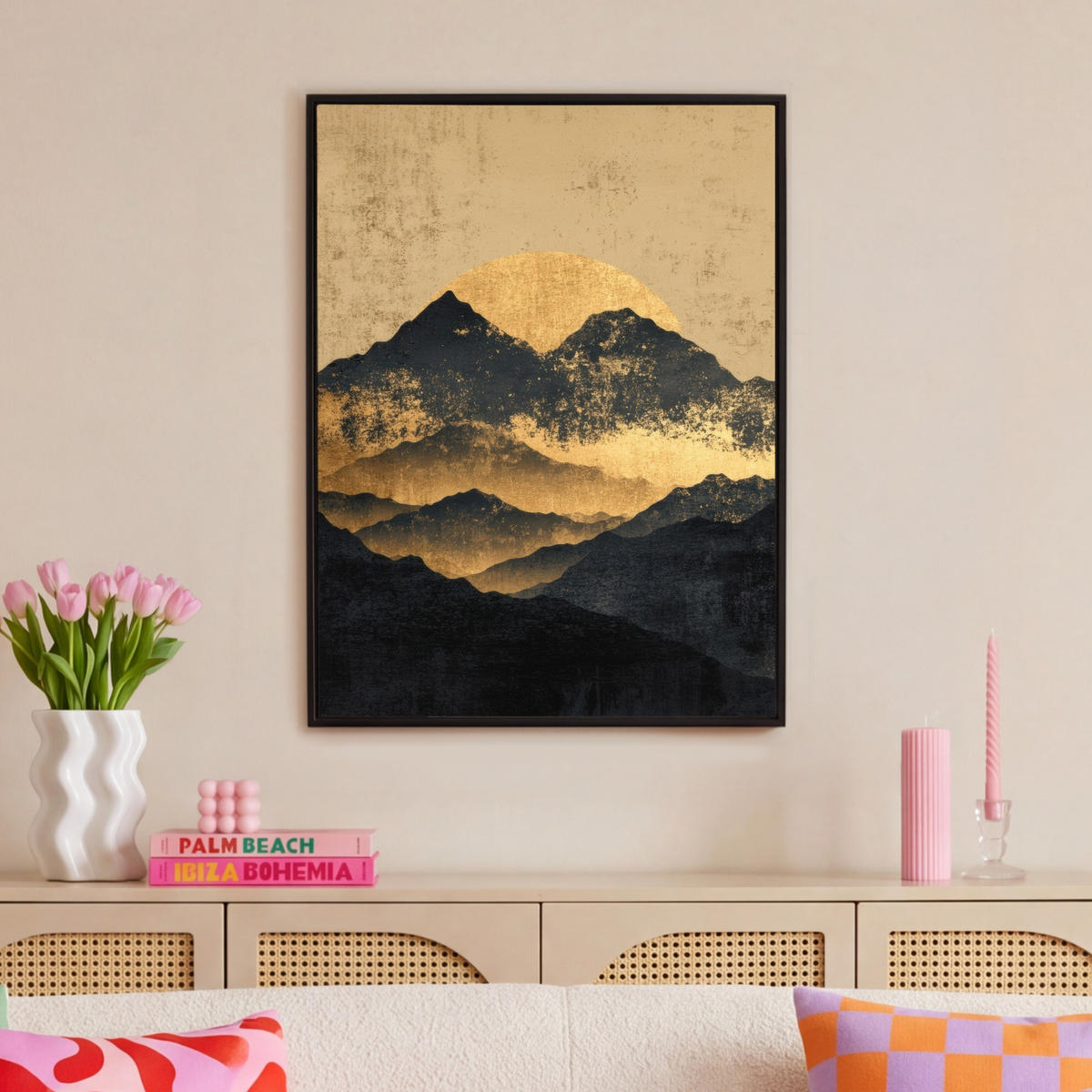 LEINWAND Bilder mit Rahmen - Goldene Berge bei Mondschein - 70x100 - Goldfarben, Textil (70/100cm) - MuchoWow