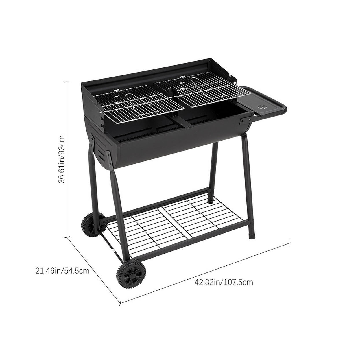 HOLZKOHLEGRILL Carbonstahl mit Rollen aus Kohlenstoffstahl in Schwarz langlebig & hitzebeständig pulverbeschichtet mobil 107,5 x54,5 x93 cm 15 kg - Schwarz, Metall (54/93/107cm) - Livingandhome