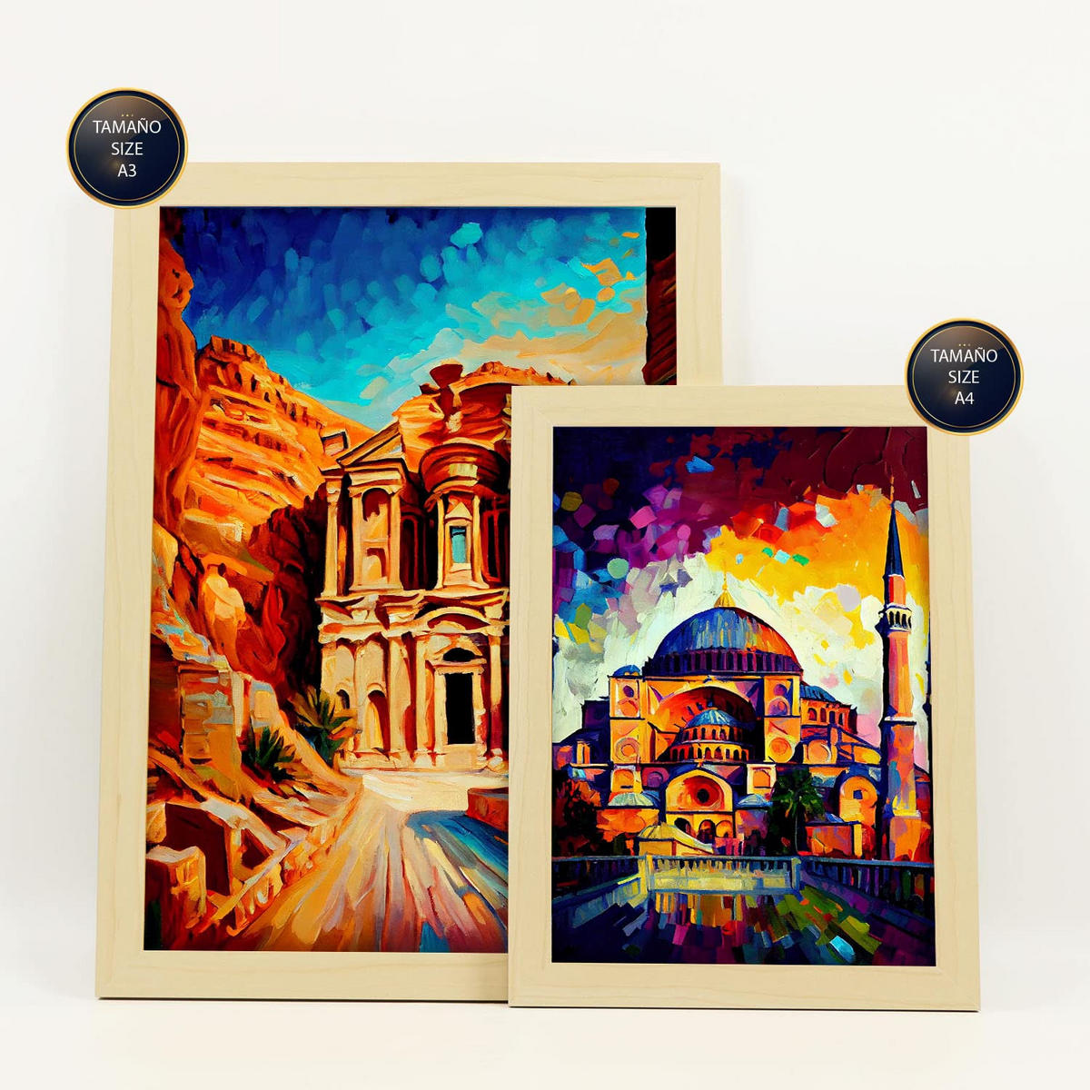 POSTER Set Mit 6 Erde Im Ölgemälde Stil A3 & A4 Rahmen Aus Hellem Holz - Beige, Papier (29/3cm) - Nacnic