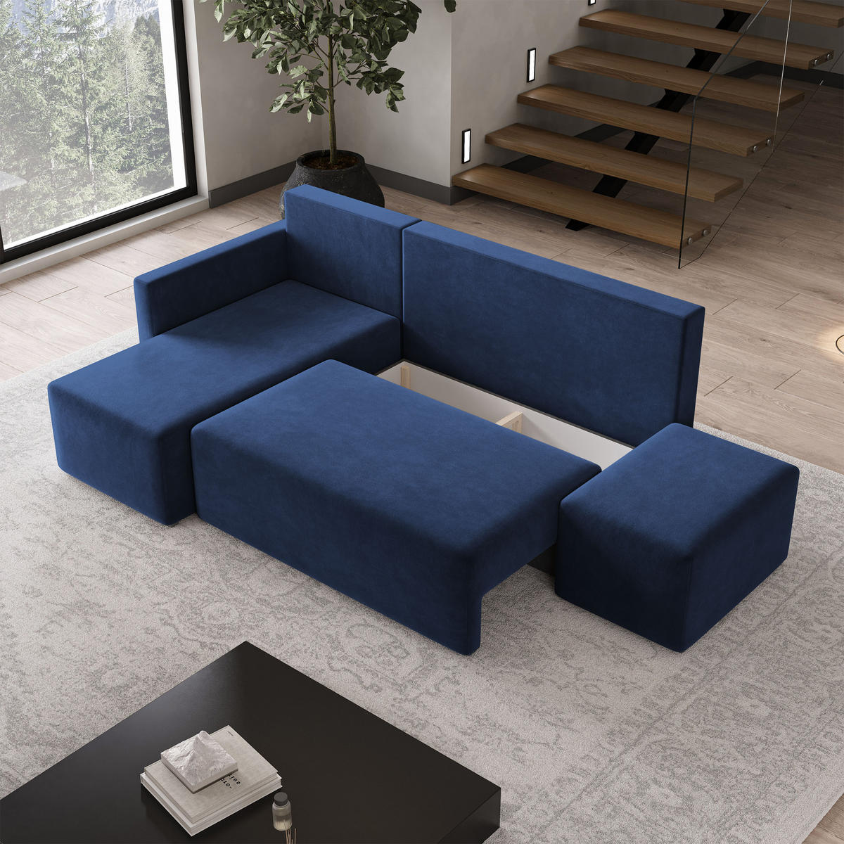 ECKSOFA VELOTTI L-S Blau Plüsch-Stoff mit Schlaffunktion - Blau, Holz (261/143cm) - MASSENO