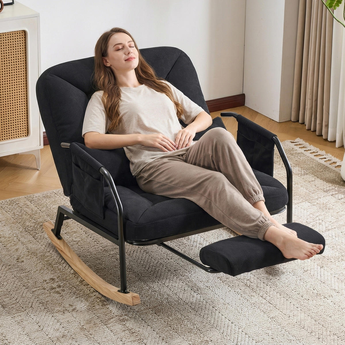 SCHAUKELSTUHL,ÜBERGROSS mit Fußstütze verstellbare Lehne Metallholz Cord,schwarz - Schwarz, Textil (87/89/88cm) - Vallsero