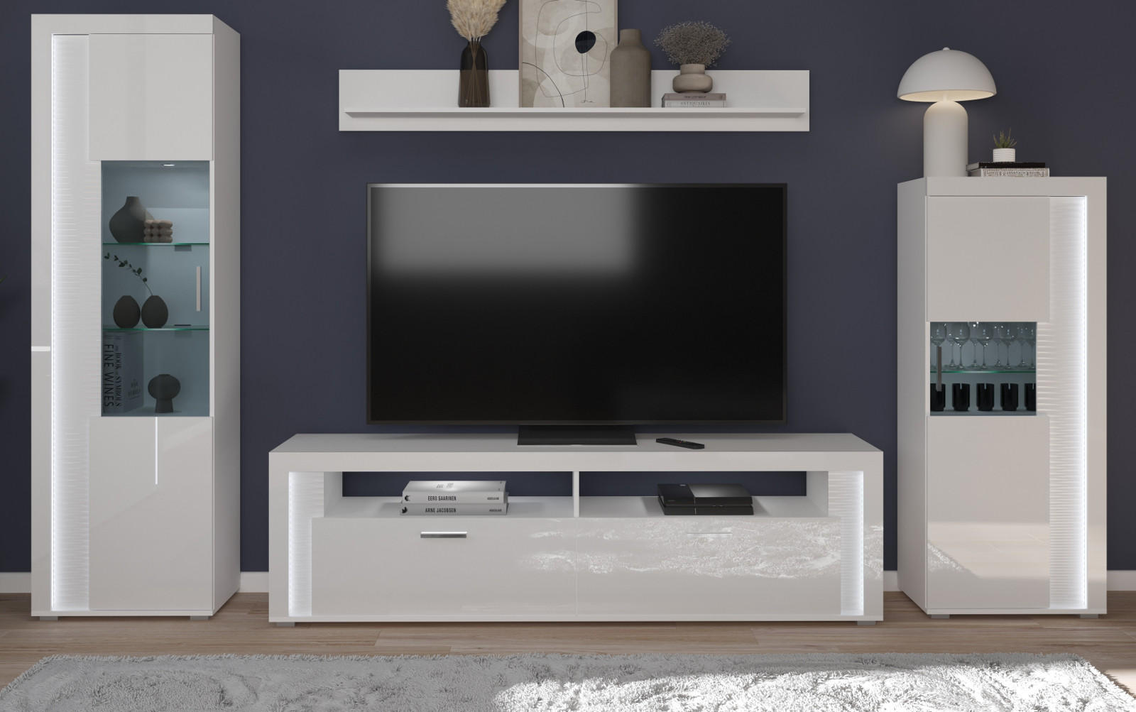 WOHNWAND weiß Hochglanz 350 cm, Soft-Close-Funktion, inkl. Beleuchtung - Weiß Hochglanz/Silberfarben, Glas/Holzwerkstoff (351/202/46cm) - Inn.Furn