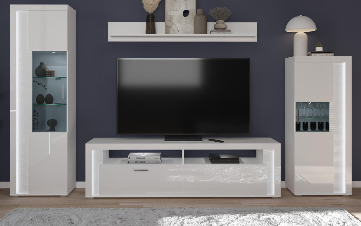 WOHNWAND weiß Hochglanz 350 cm, Soft-Close-Funktion, inkl. Beleuchtung - Weiß Hochglanz/Silberfarben, Glas/Holzwerkstoff (351/202/46cm) - Inn.Furn